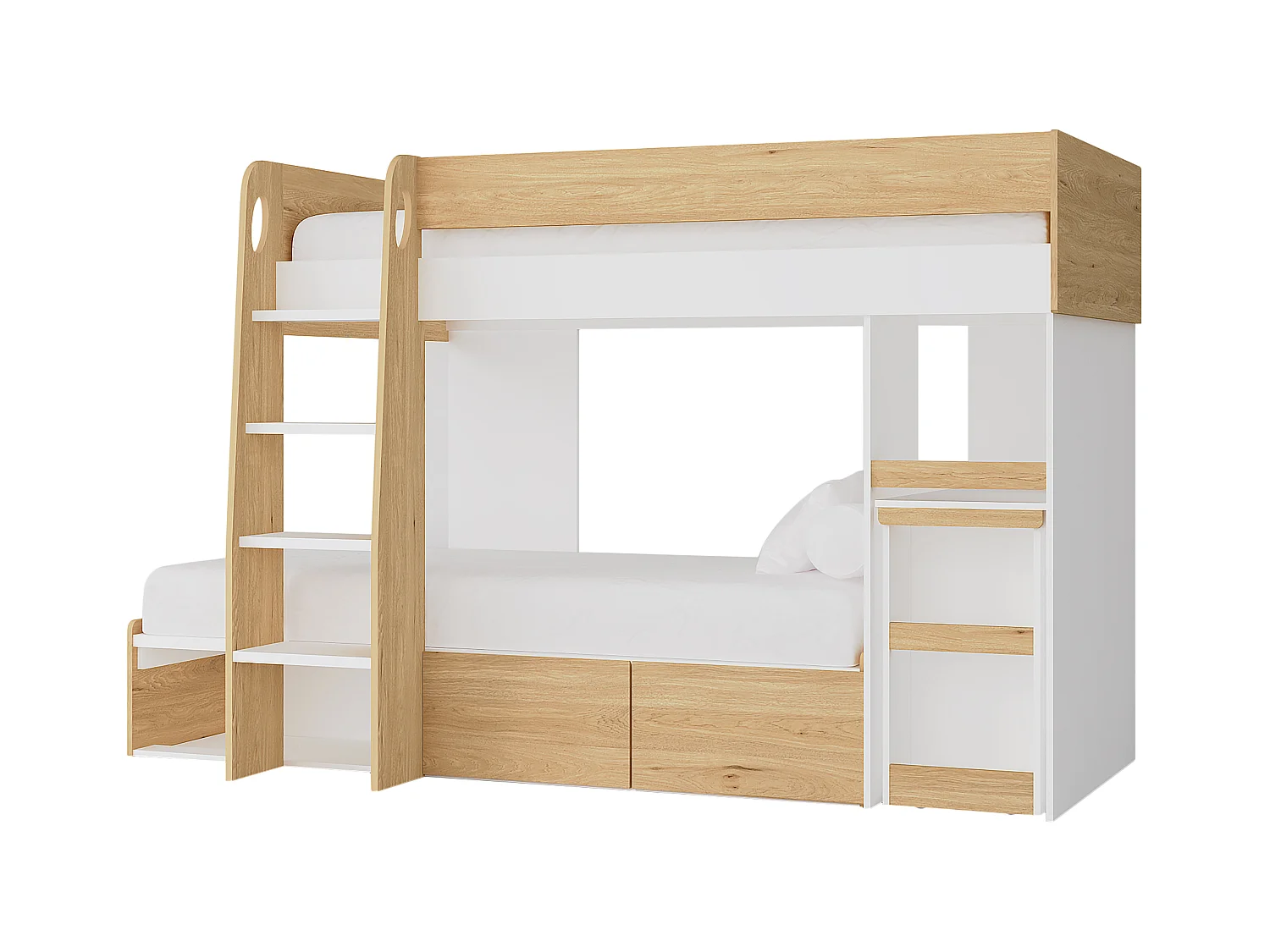 Beliche 2 x 90 x 190 cm com secretária e espaços de arrumação cor natural e branco - LOMIDEN