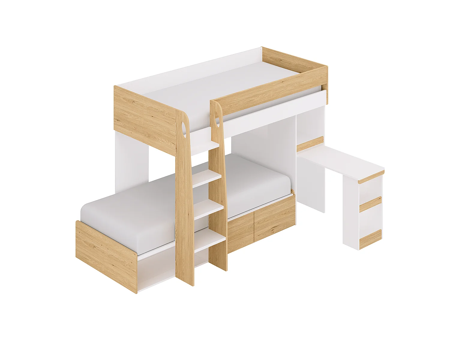 Beliche 2 x 90 x 190 cm com secretária e espaços de arrumação cor natural e branco - LOMIDEN