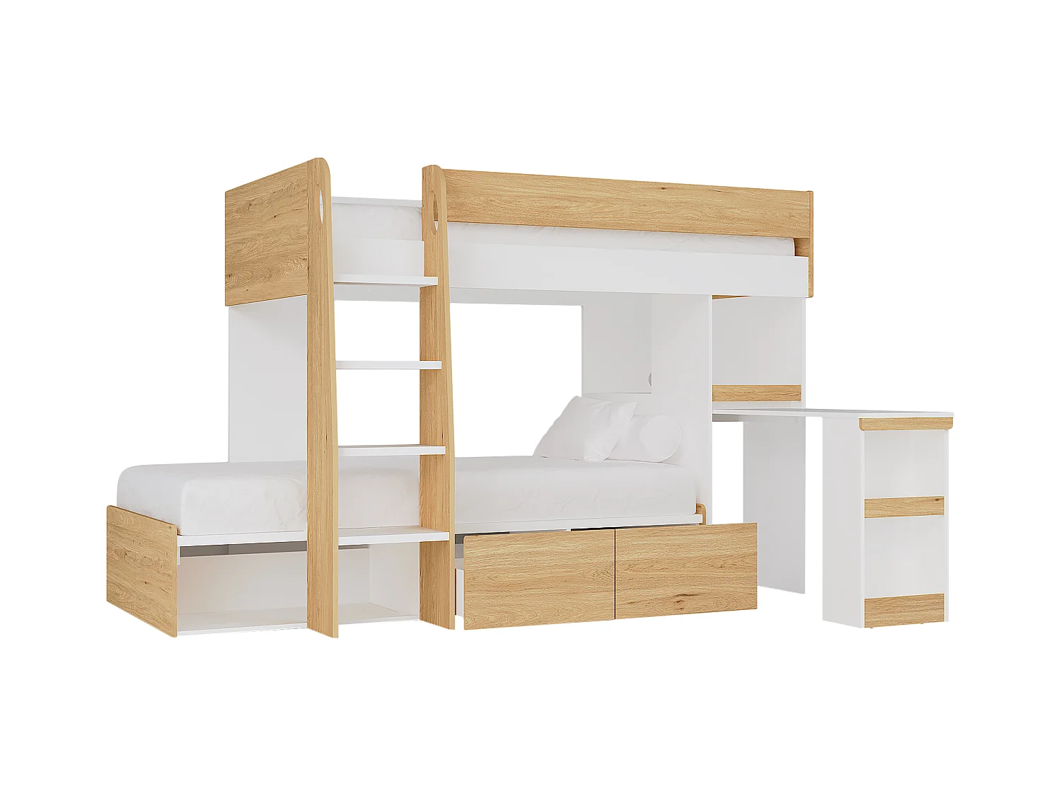 Beliche 2 x 90 x 190 cm com secretária e espaços de arrumação cor natural e branco - LOMIDEN