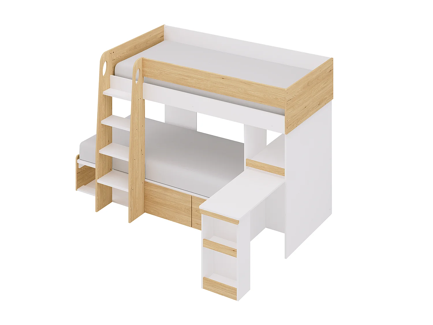 Beliche 2 x 90 x 190 cm com secretária e espaços de arrumação cor natural e branco - LOMIDEN