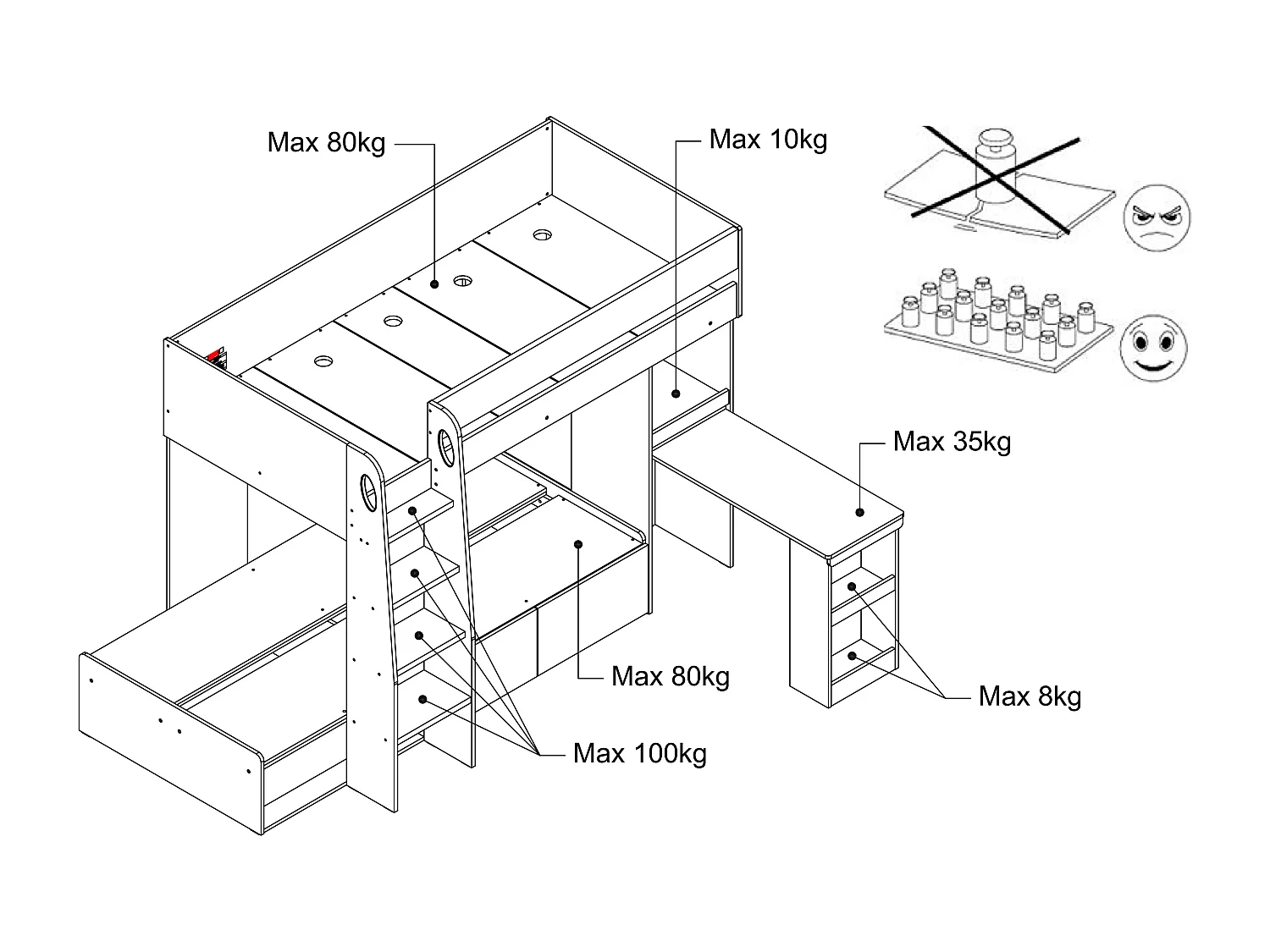 Våningssäng 2 x 90 x 190 cm med skrivbord och förvaring - Färg: Natur och vit - LOMIDEN