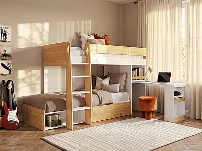 Stapelbed 2 x 90 x 190 cm met bureau en opbergruimte - Kleuren: houteffect en wit - LOMIDEN