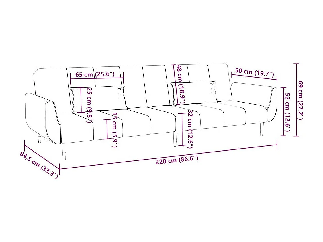 Sofá-cama 2 lugares com duas almofadas veludo castanho