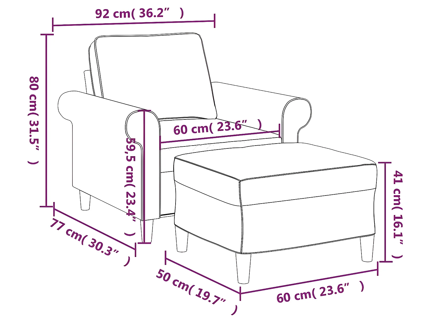 Fauteuil avec repose-pied Gris clair 60 cm Tissu