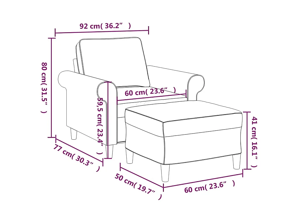Fauteuil met voetenbank 60 cm stof lichtgrijs