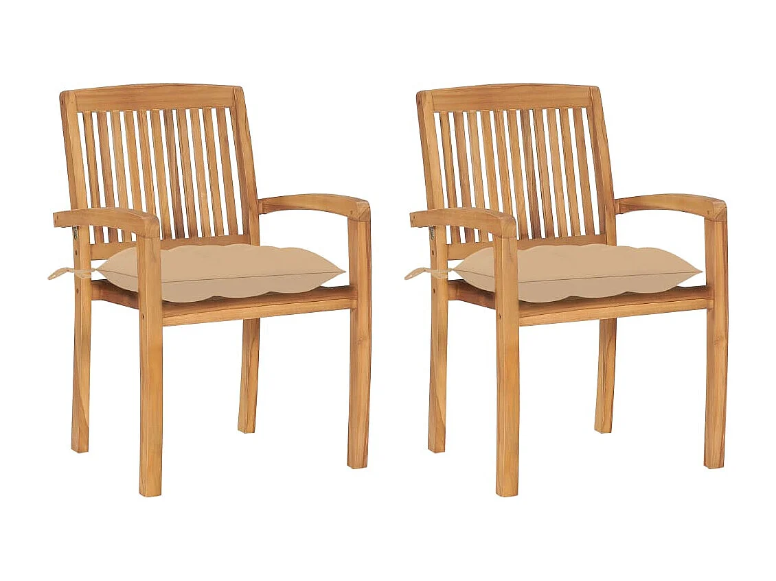 Chaises de jardin lot de 2 et coussins beige Bois teck massif
