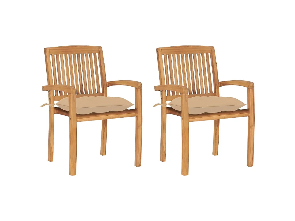 Chaises de jardin lot de 2 et coussins beige Bois teck massif