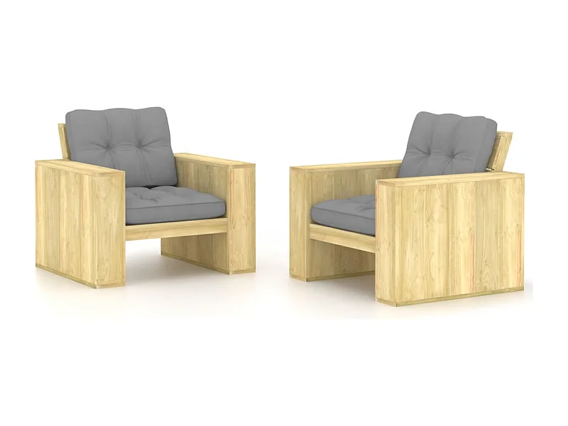 Tuinstoelen 2 st met grijze kussens geïmpregneerd grenenhout
