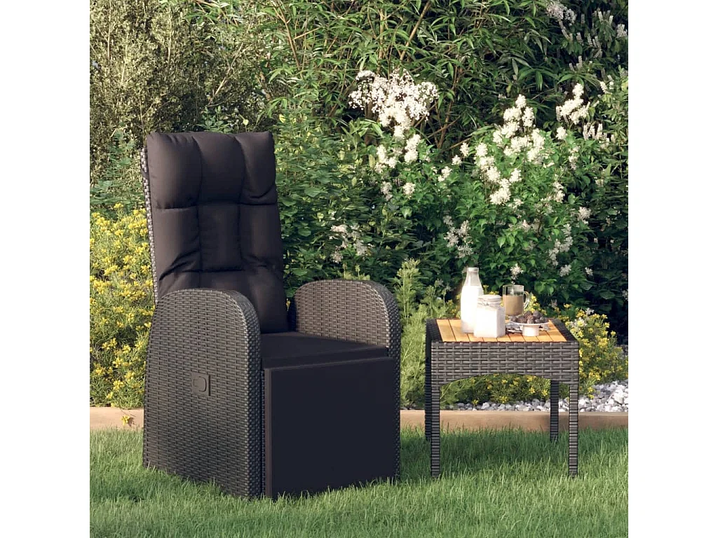 Sillón reclinable de jardín con cojín ratán sintético negro