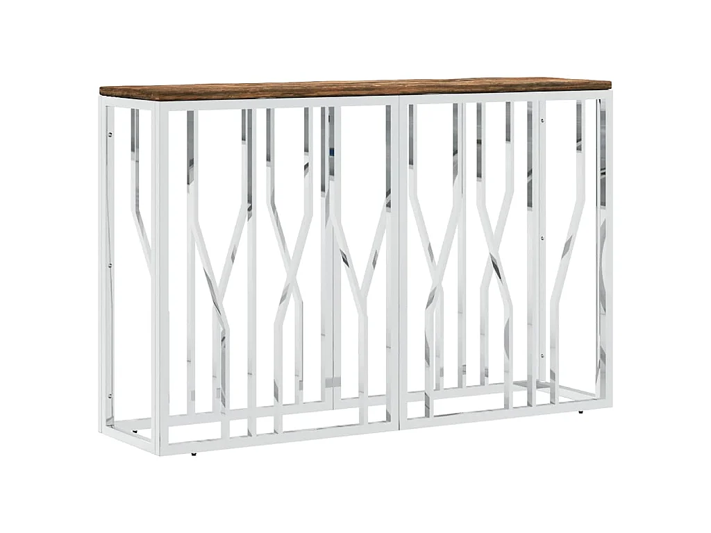 Table console acier inoxydable et bois massif de récupération