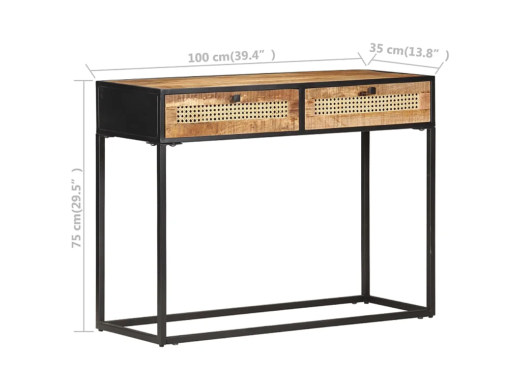 Konsolentisch 100x35x75 cm Raues Mangoholz und Rohrgeflecht