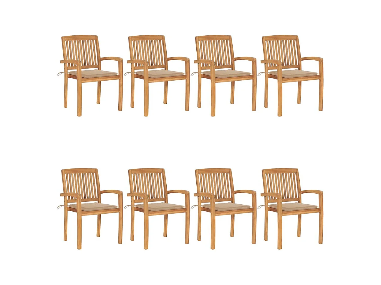 Chaises de jardin empilables avec coussins lot de 8 Teck solide
