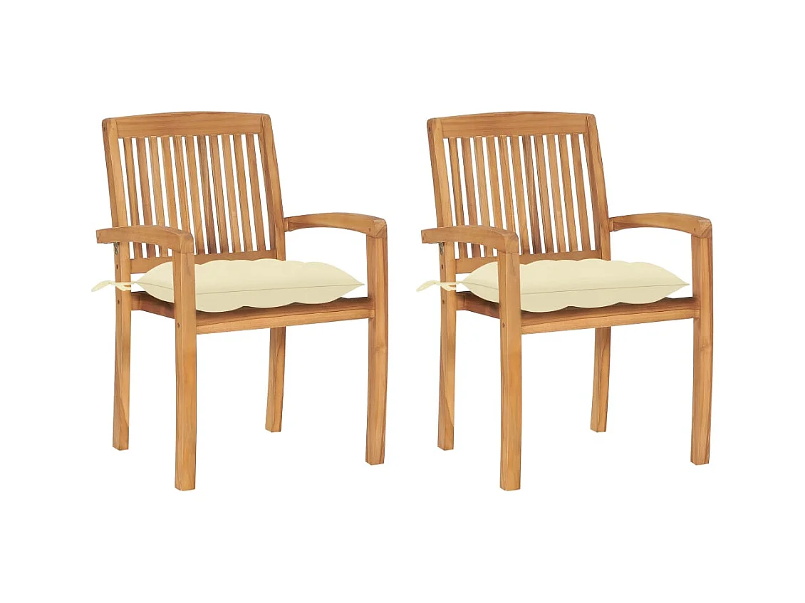 Chaises de jardin lot de 2 et coussins blanc crème Bois de teck
