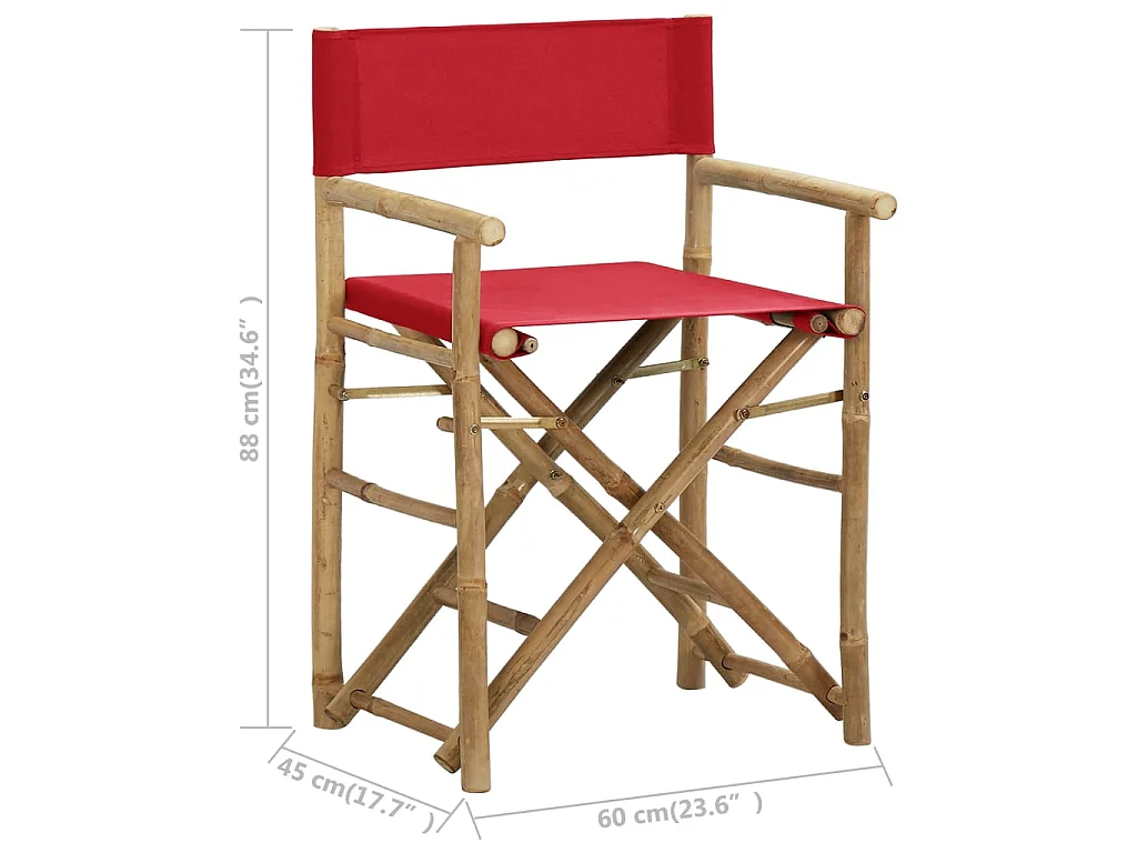 Chaises pliables de directeur lot de 2 Rouge Bambou et tissu
