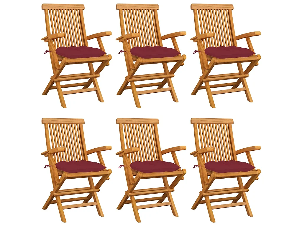 Sedie pieghevoli con cuscini color rosso vino, 6 pezzi, in legno massello di teak.