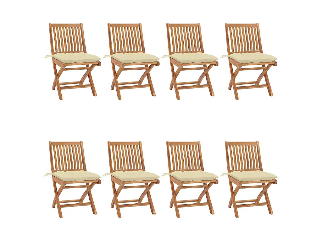 Chaises pliantes avec coussins, 8 pièces, en teck massif
