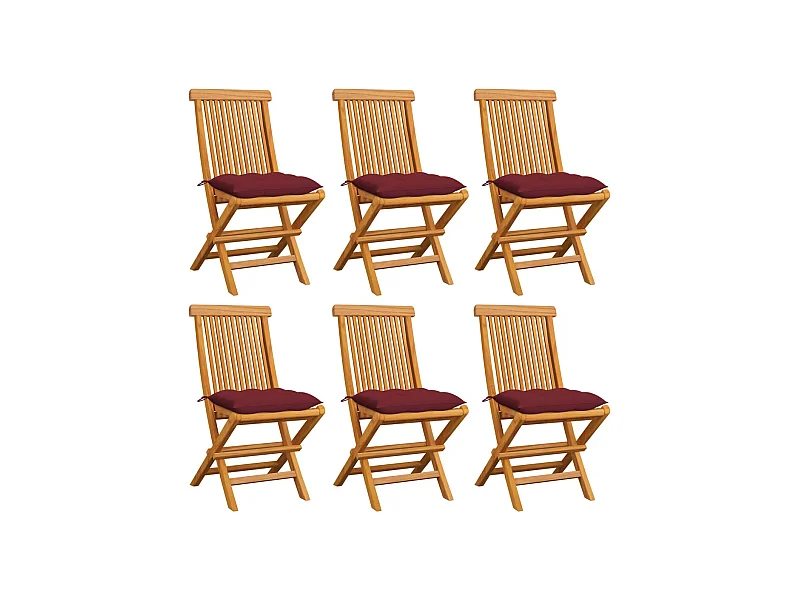 Tuinstoelen 6 st met wijnrode kussens massief teakhout