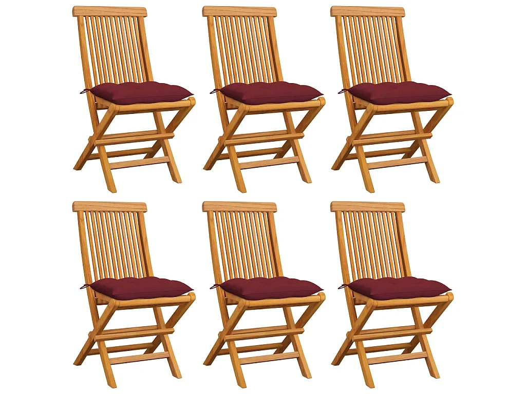 Chaises pliantes avec coussins rouge vin, 6 pièces, en teck massif