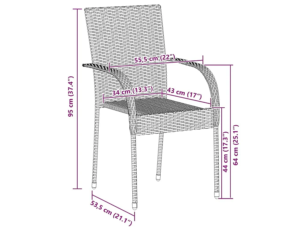 Tuinstoelen stapelbaar 2 st poly rattan zwart