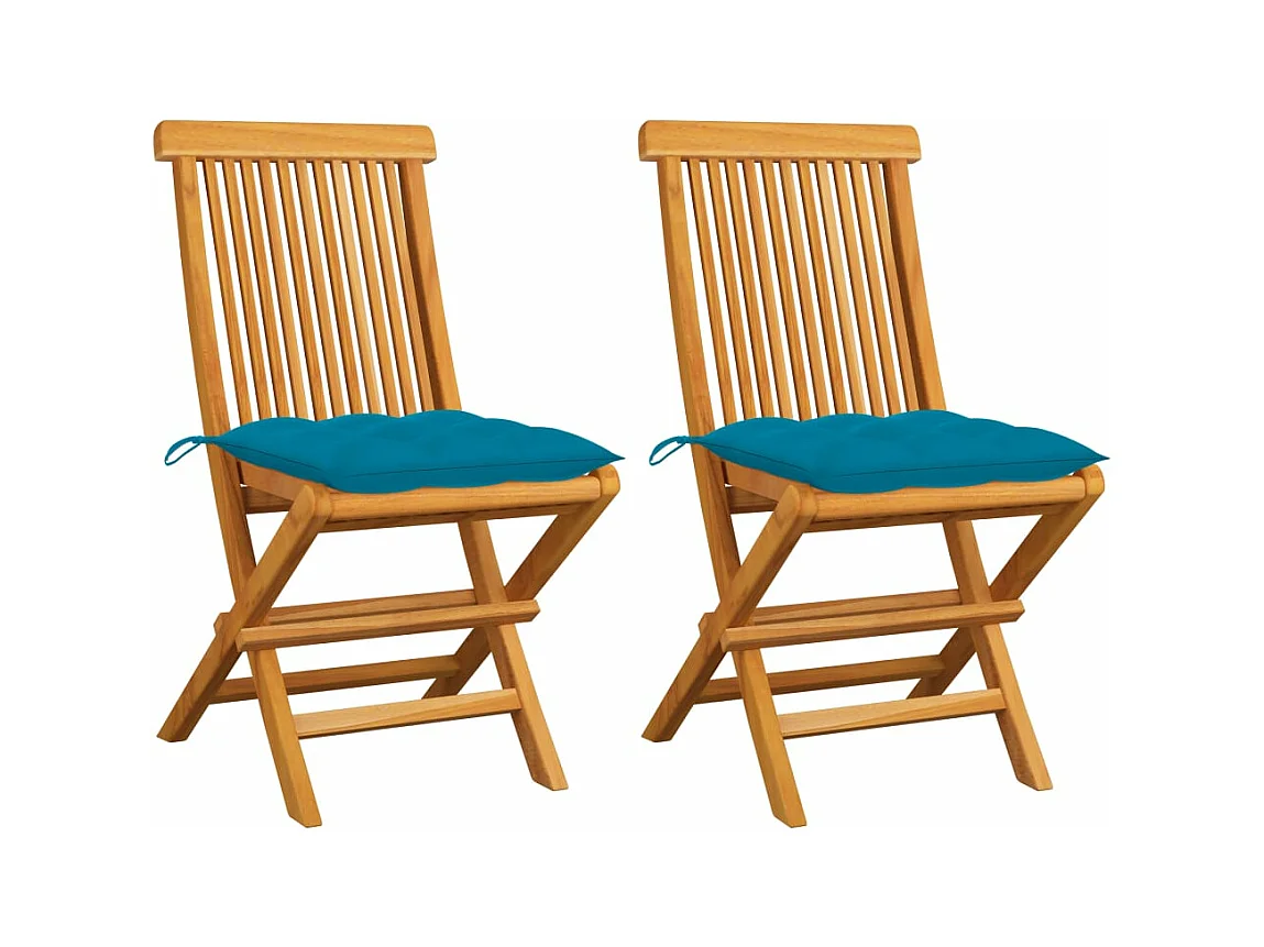 Chaises de jardin lot de 2 avec coussins bleu clair Teck massif
