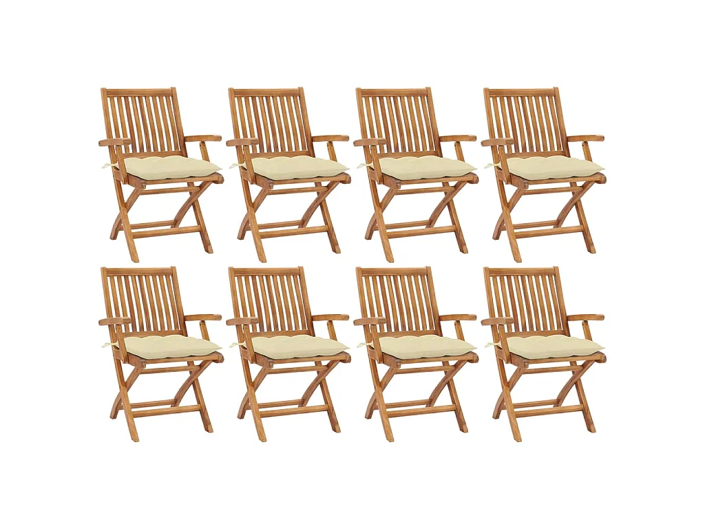 Chaises pliantes avec coussins, 8 pièces, en teck massif