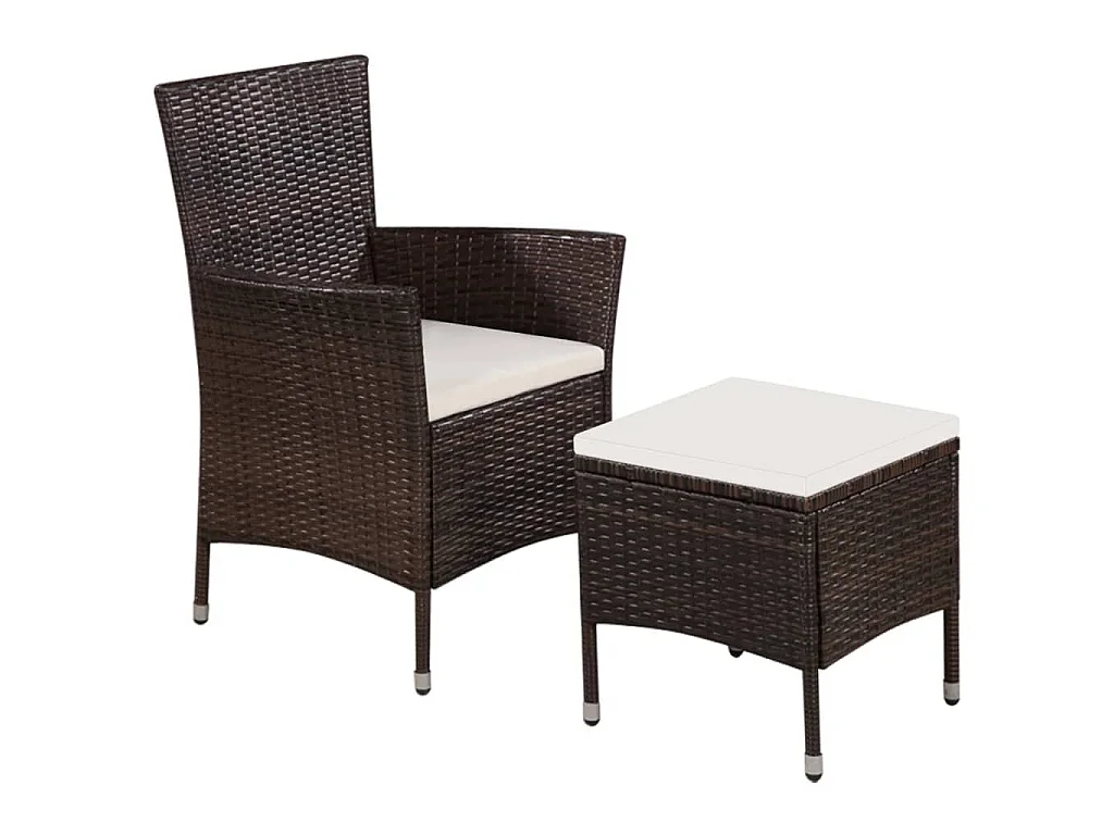 Sedia da Esterno con Sgabello e Cuscini in Polyrattan Marrone