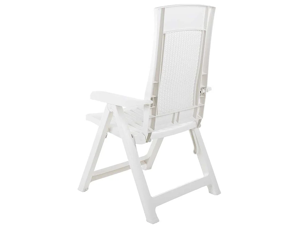 Conjunto de 2 cadeiras reclináveis dobráveis de plástico branco.