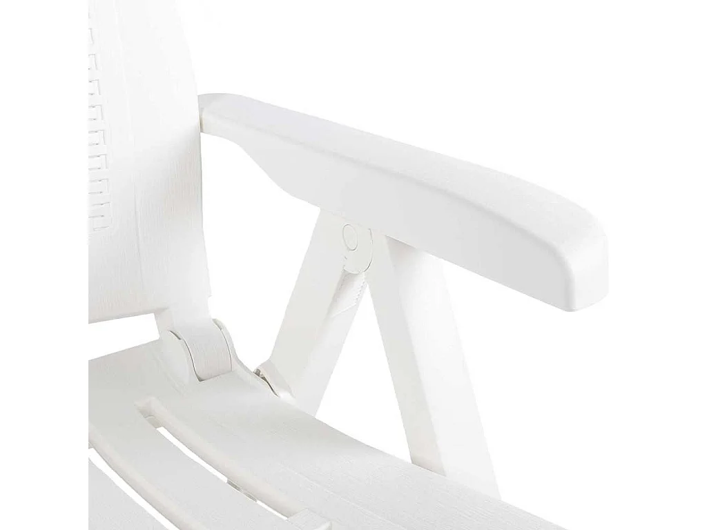 Conjunto de 2 cadeiras reclináveis dobráveis de plástico branco.