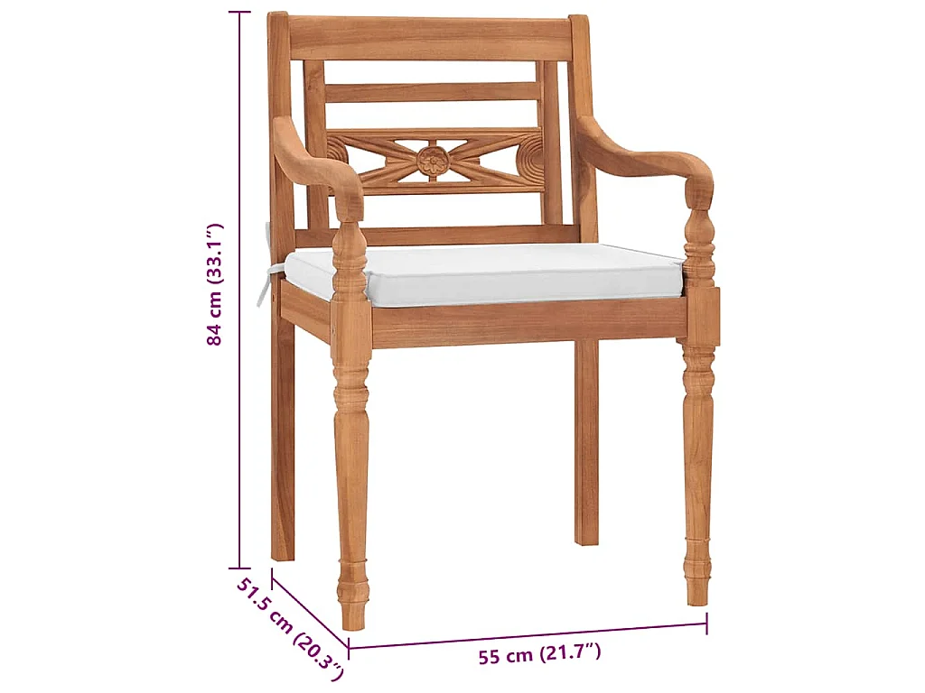 Chaises Batavia lot de 2 avec coussins Bois de teck solide