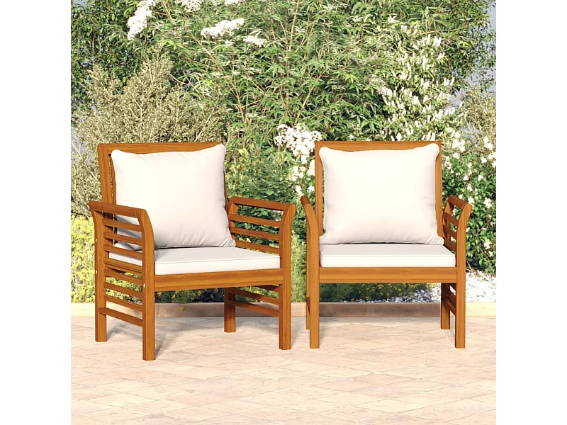 Fauteuils 2 st met crèmewitte kussens massief acaciahout
