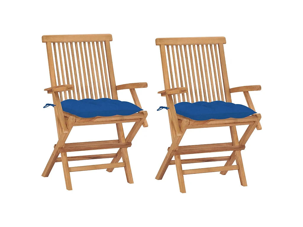 Chaises pliantes avec coussins bleus, 2 pièces, en teck massif