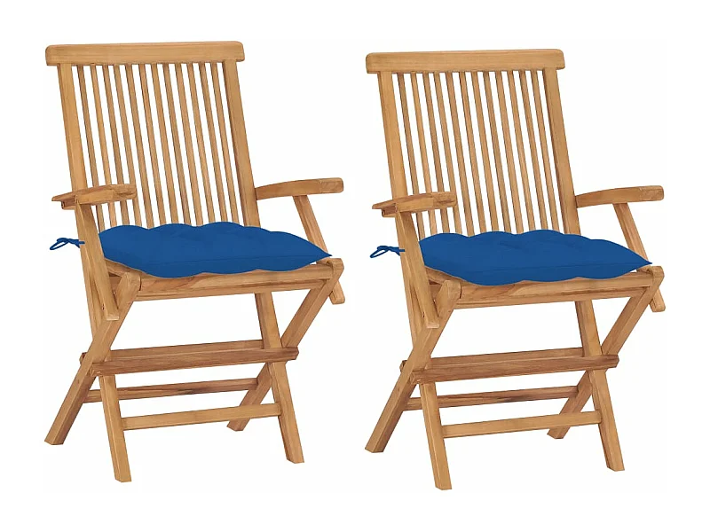 Chaises de jardin avec coussins bleu lot de 2 Bois teck massif