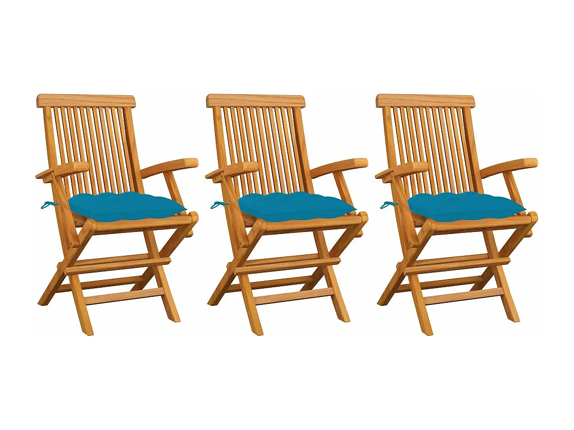 Chaises de jardin avec coussins bleu clair lot de 3 Teck massif