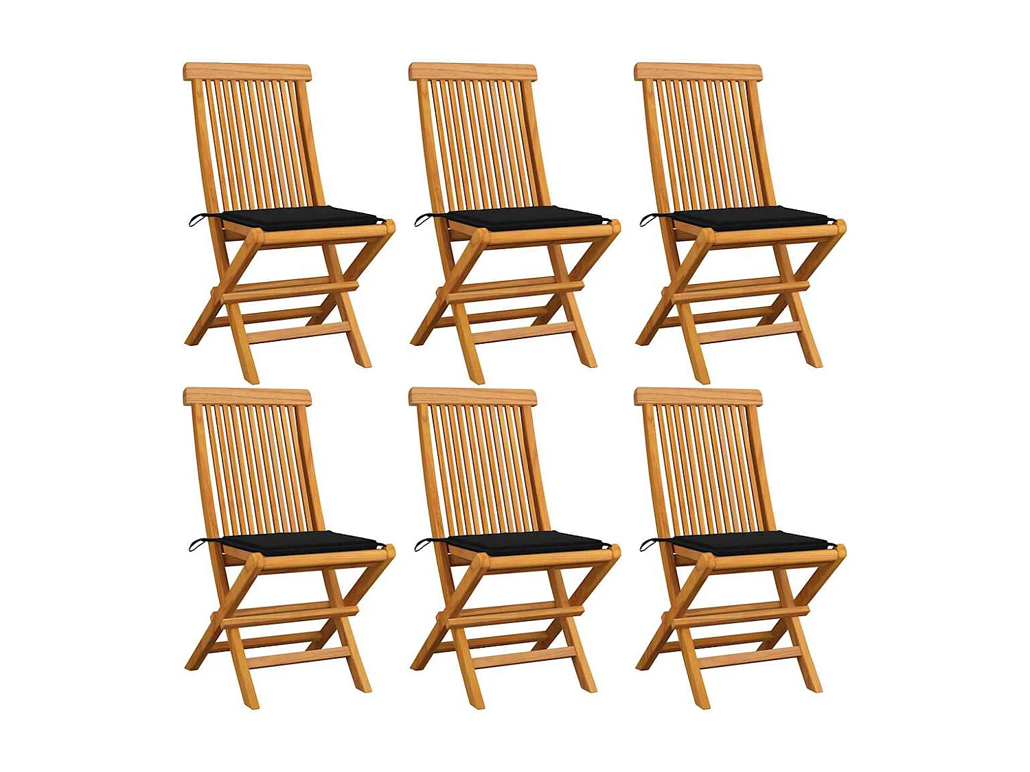 Chaises de jardin et coussins noir lot de 6 Bois de teck massif