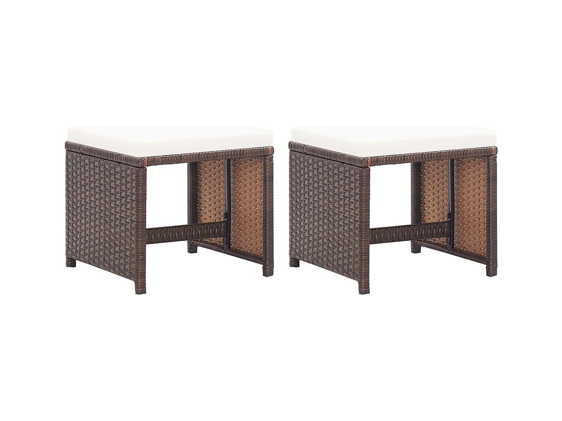 Tabourets de jardin lot de 2 et coussins Résine tressée Marron