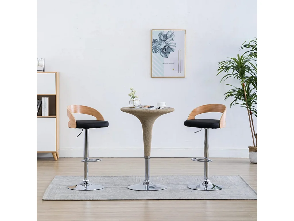 Tabourets de bar lot de 2 noir similicuir et bois courbé