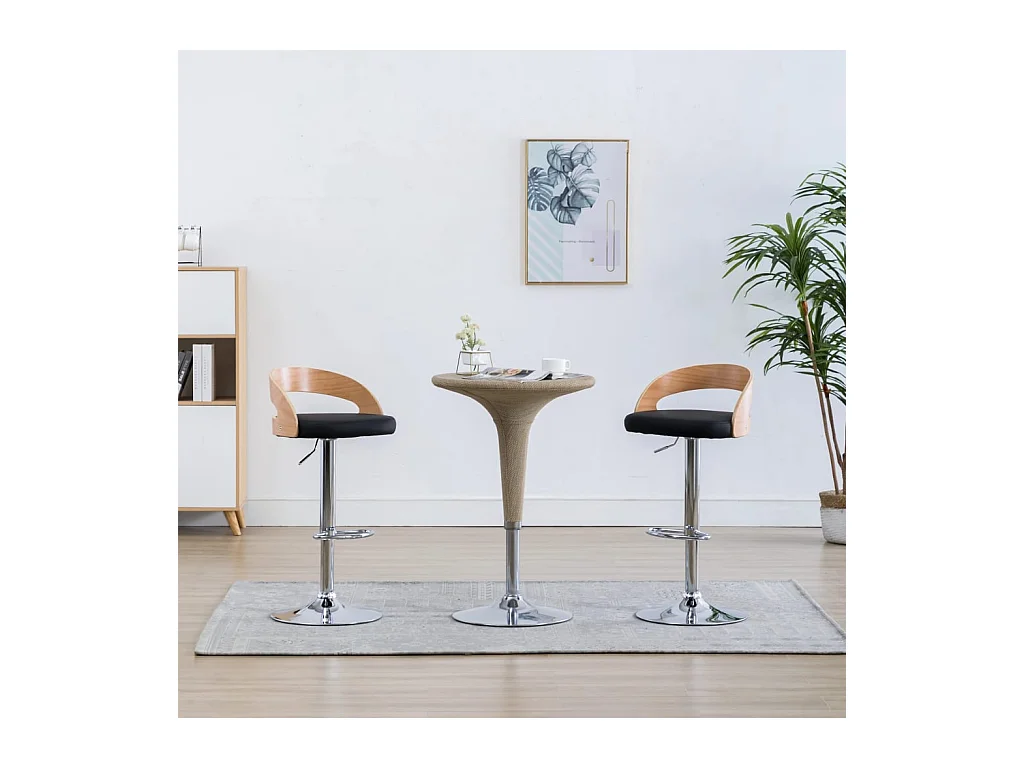 Tabourets de bar lot de 2 noir similicuir et bois courbé