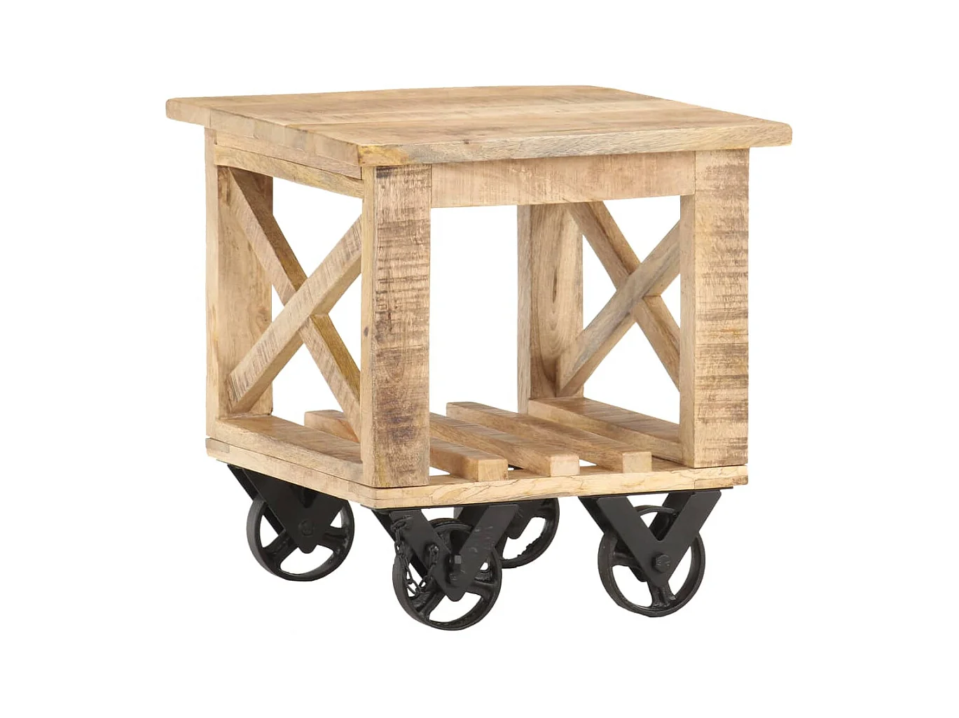 Tavolino Laterale con Ruote 40x40x42cm in Legno di Mango Grezzo