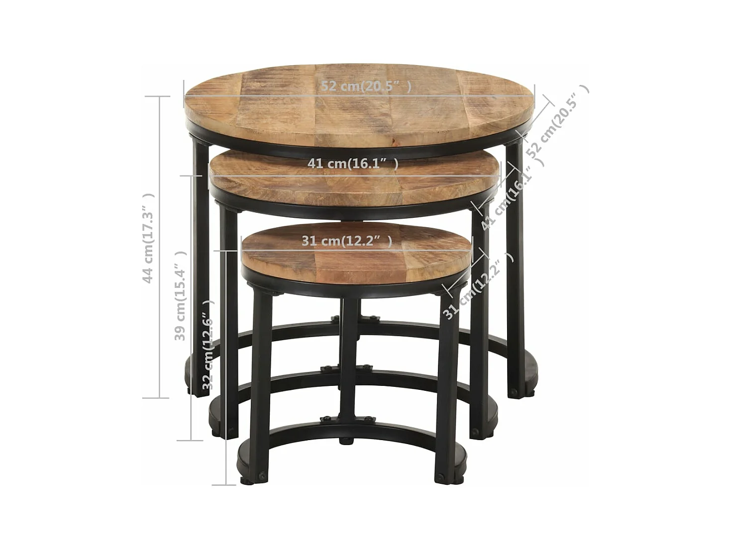 Bijzettafels 3 st ruw mangohout