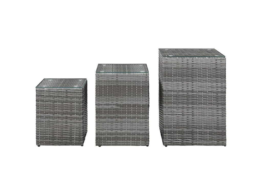 Tavolini Laterale 3 pz con Piano in Vetro Grigi in Polyrattan