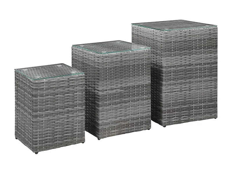 Tables d'appoint 3 pcs et dessus en verre Gris Résine tressée