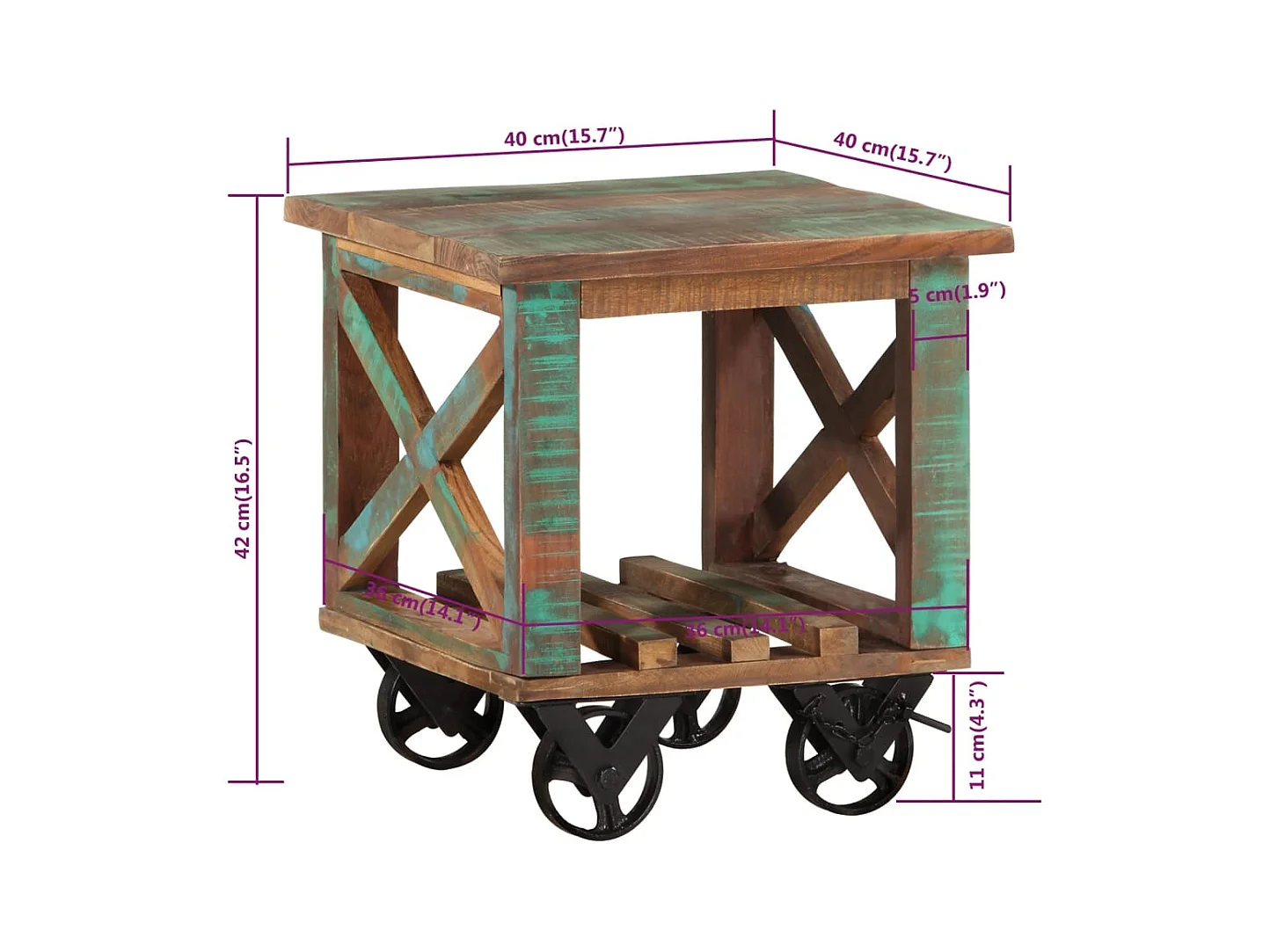 Bijzettafel met wielen 40x40x42 cm massief gerecycled hout