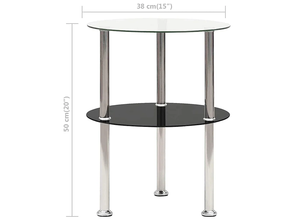 Bijzettafel 2-laags 38 cm gehard glas transparant en zwart