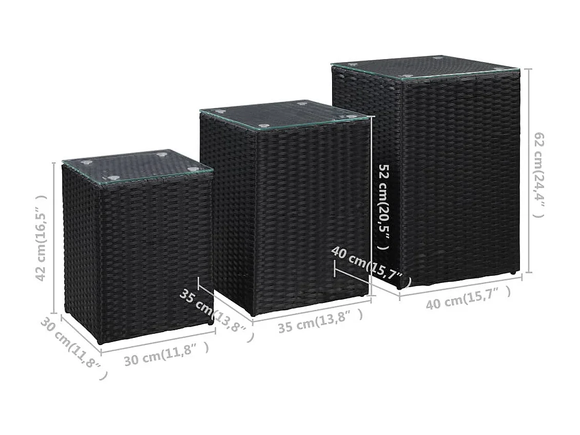 Tavolini Laterale 3 pz con Piano in Vetro Neri in Polyrattan