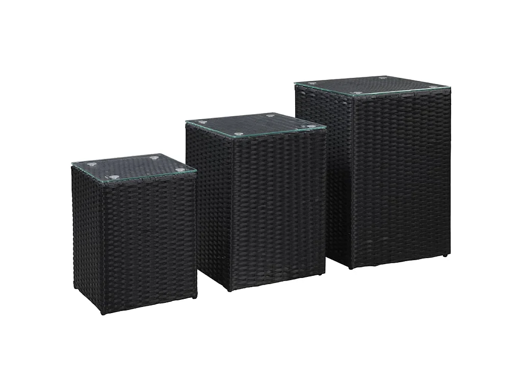 Tavolini Laterale 3 pz con Piano in Vetro Neri in Polyrattan