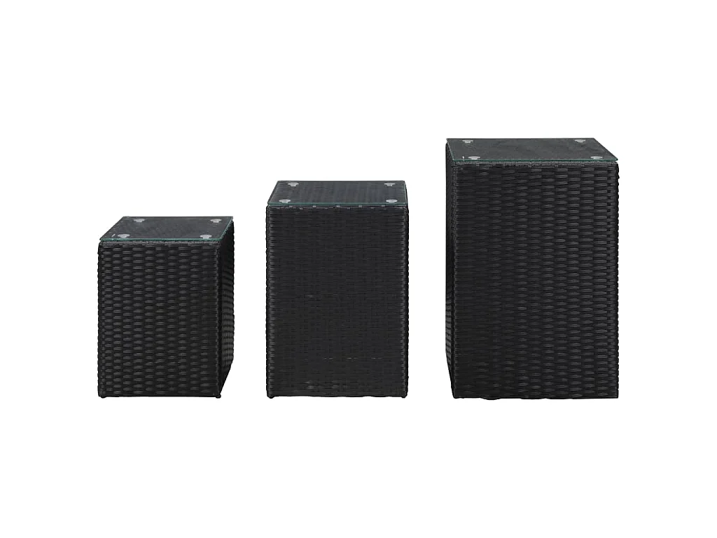 Tavolini Laterale 3 pz con Piano in Vetro Neri in Polyrattan