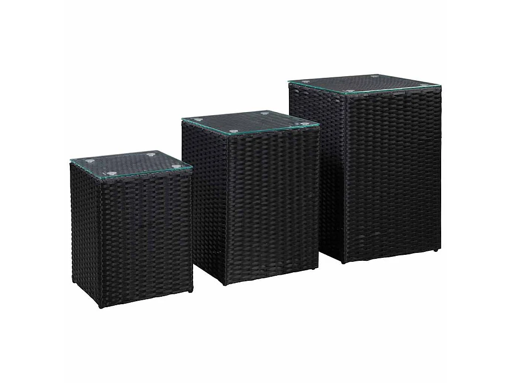 Beistelltische 3 Stk. mit Glasplatte Schwarz Poly Rattan