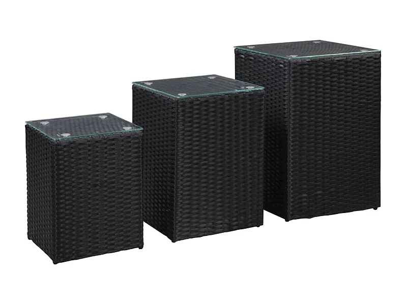 Tavolini Laterale 3 pz con Piano in Vetro Neri in Polyrattan