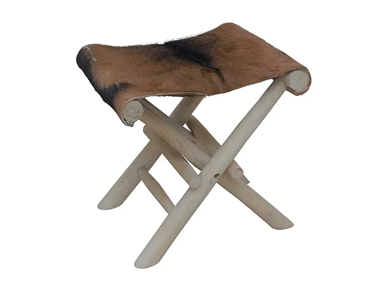 Sgabello Pieghevole in Pelle di Capra e Legno di Teak
