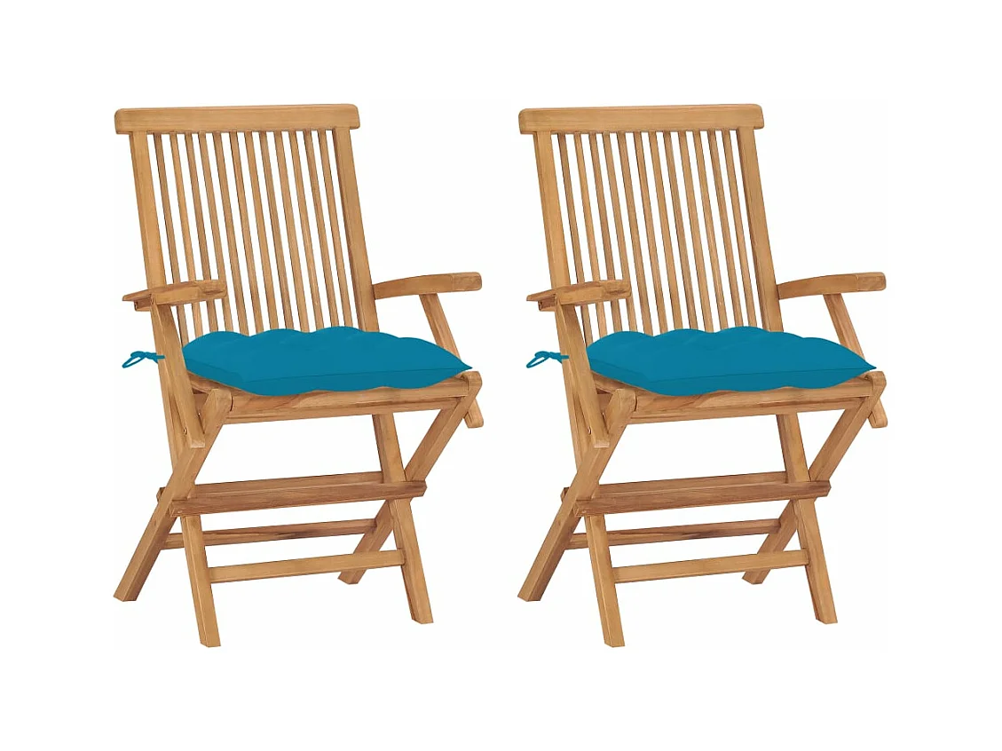 Chaises de jardin lot de 2 avec coussins bleu clair Teck massif